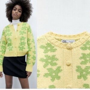 zara jacquard yellow button up knit cardigan with green flowers / floral print
